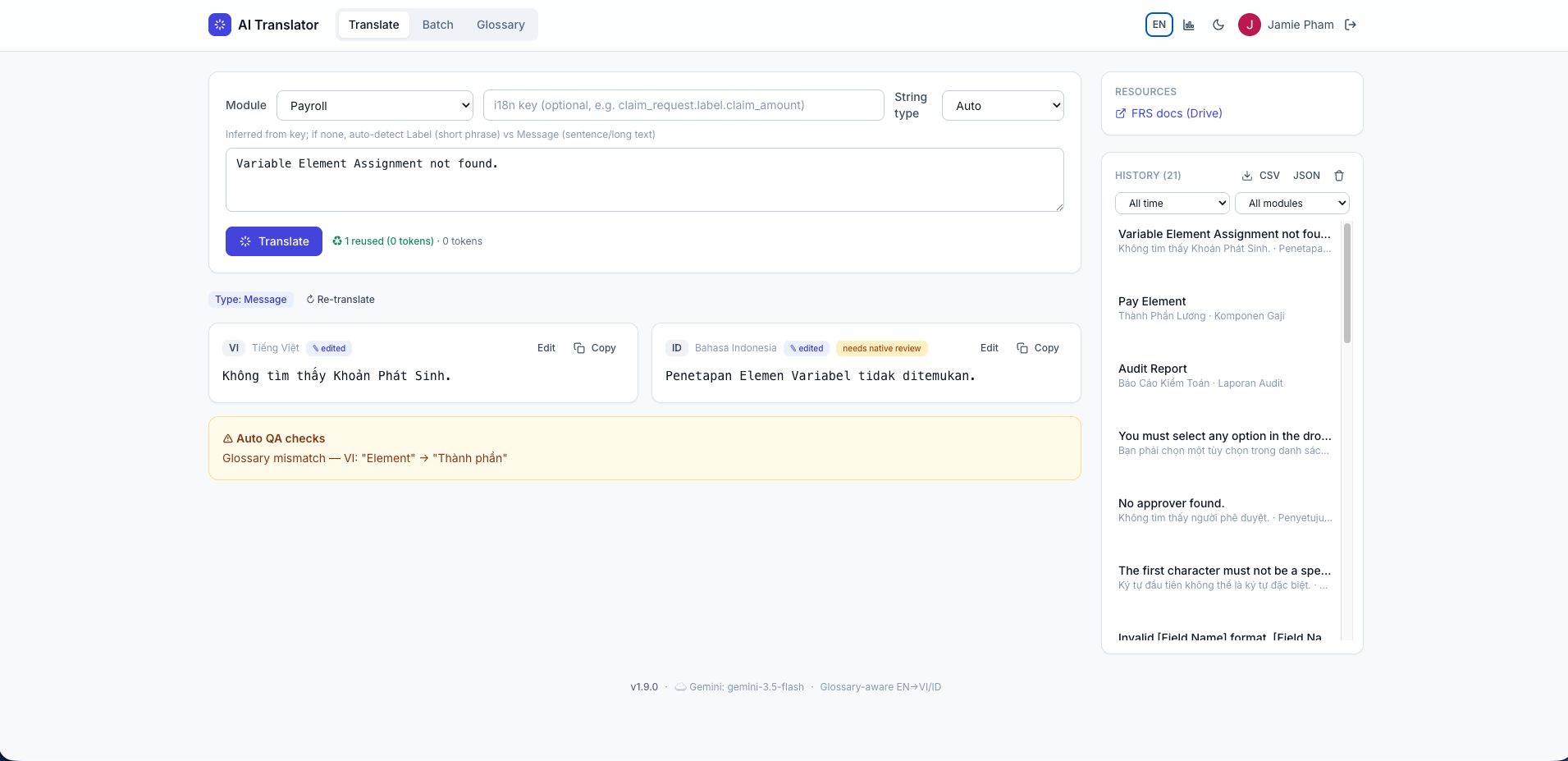 AI Translation — glossary-aware EN→VI/ID translate screen with auto QA checks