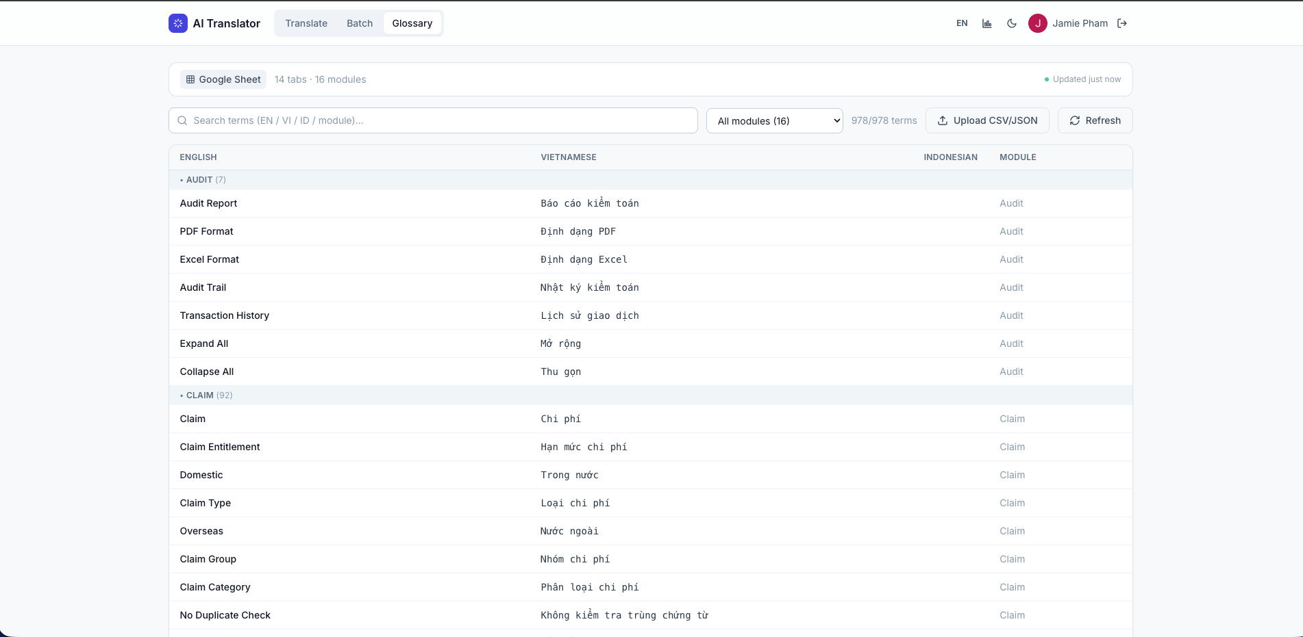 AI Translation — glossary browser synced live from Google Sheets